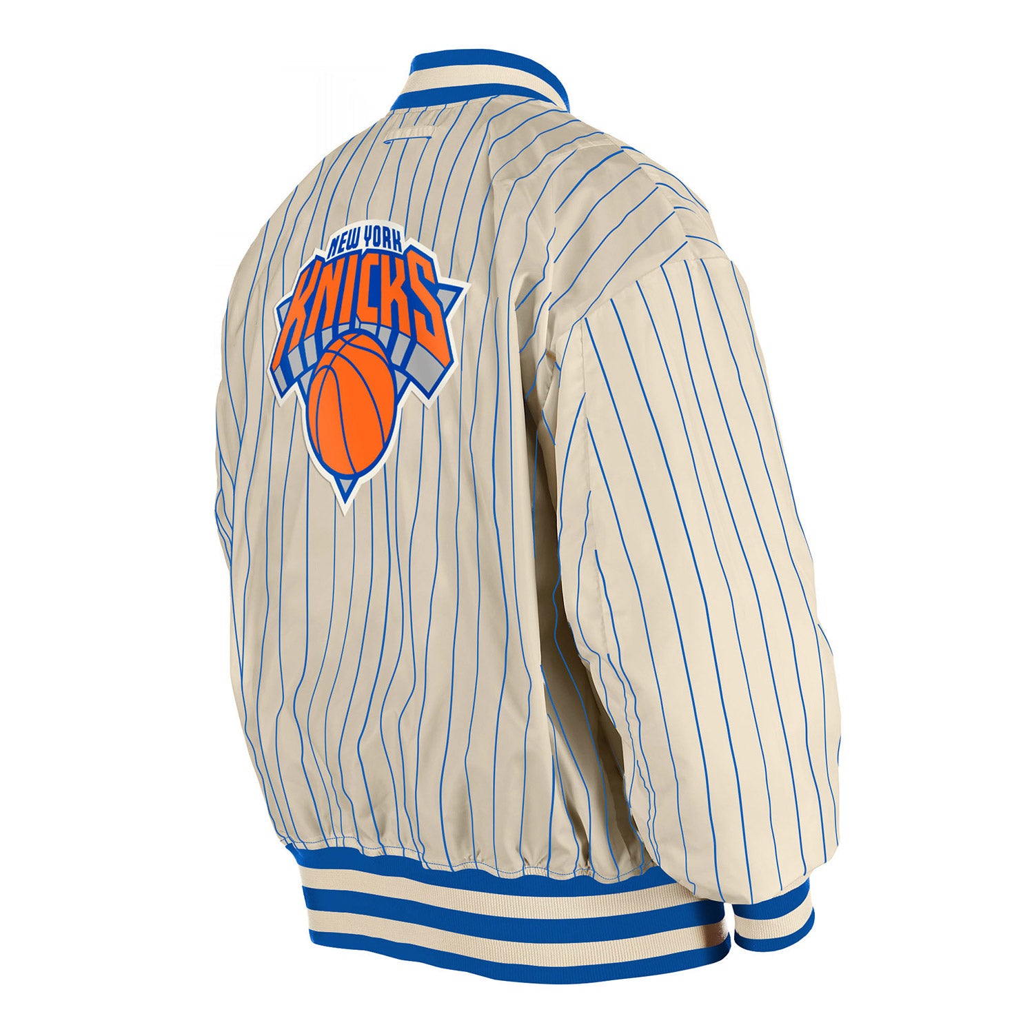 New Era Knicks Alpha Collection Reversible Jacket In Cream & Blue - Back Right Side View