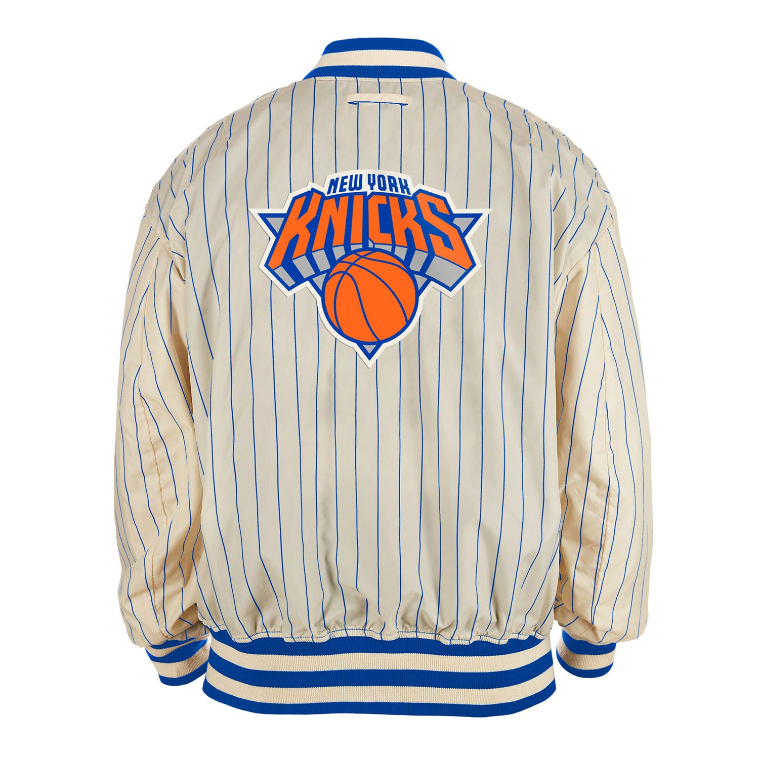 New Era Knicks Alpha Collection Reversible Jacket In Cream & Blue - Back View