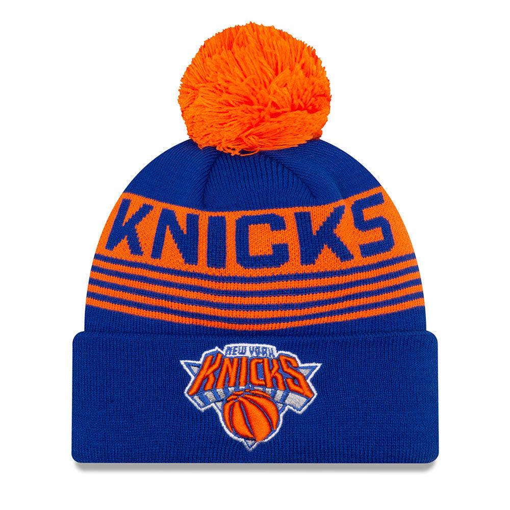 New Era Knicks Proof Cuff Knit Hat Pom Royal in Orange and Blue - Front View