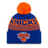 New Era Knicks Proof Cuff Knit Hat Pom Royal in Orange and Blue - Front View