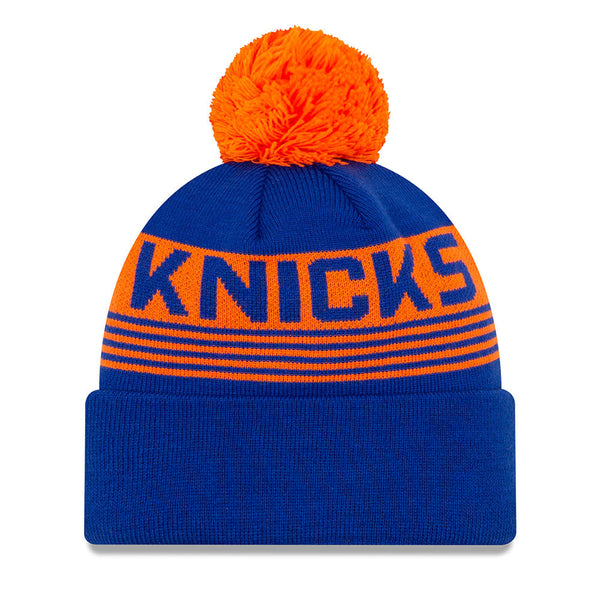 New Era Knicks Proof Cuff Knit Hat Pom Royal in Orange and Blue - Back View