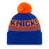 New Era Knicks Proof Cuff Knit Hat Pom Royal in Orange and Blue - Back View
