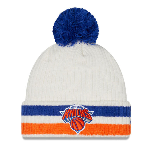 New Era Knicks Retro Cuff Knit Hat Pom Natural in White - Front View