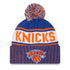 New Era Knicks Marled Cuff Knit Hat Pom Royal White in Blue and Orange - Front View