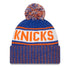 New Era Knicks Marled Cuff Knit Hat Pom Royal White in Blue and Orange - Back View