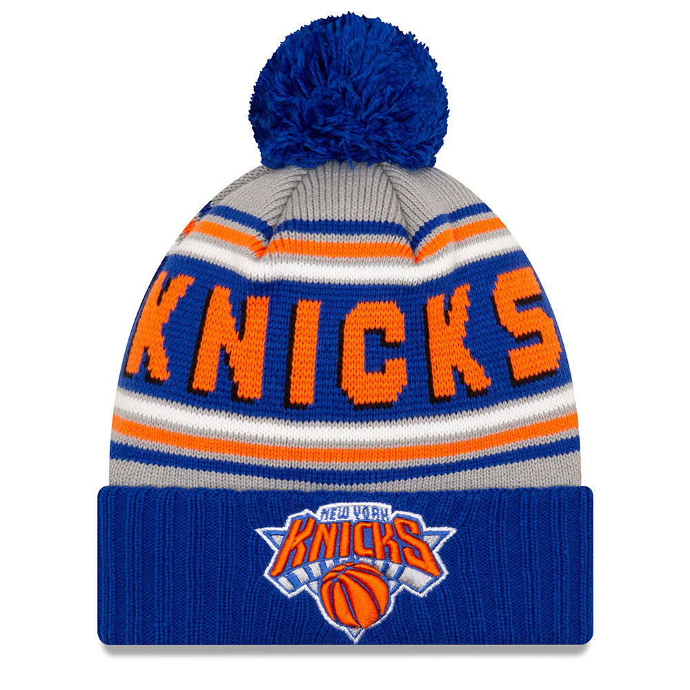 New Era Knicks Cheer Cuff Knit Hat Pom Grey Royal in Blue and Orange - Front View