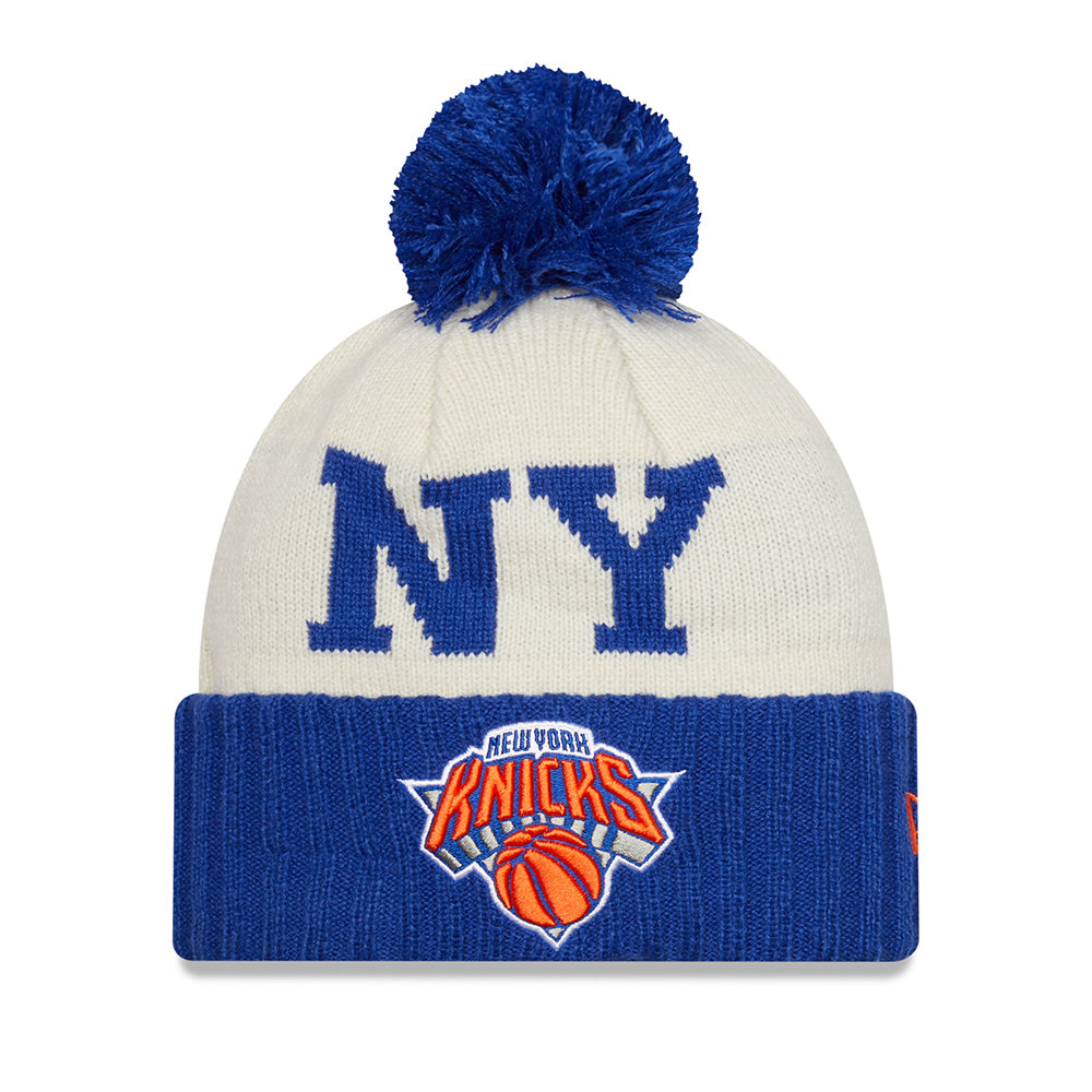 New Era Knicks 2022 Draft Knit Hat Pom In Blue & White - Front View