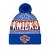 New Era Knicks Royal Striped Pom Knit Beanie In Blue, White & Orange - Front View