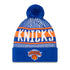 New Era Knicks Royal Striped Pom Knit Beanie In Blue, White & Orange - Front View