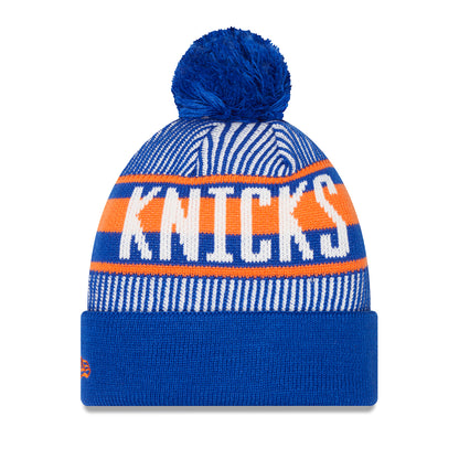 New Era Knicks Royal Striped Pom Knit Beanie In Blue, White & Orange - Back View