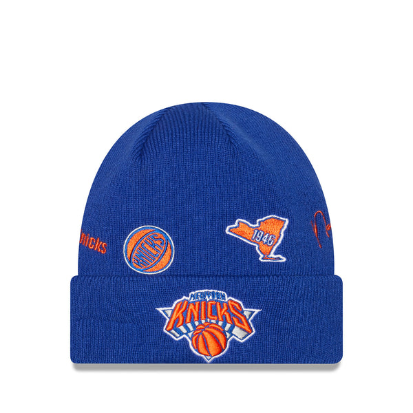 New Era Knicks Patched Identity Beanie In Blue & Orange - Front View