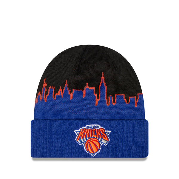 New Era Knicks Skyline Tip Off Knit Beanie In Blue, Black & Orange - Front View