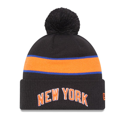 New Era Knicks City Edition 22-23 Official Knit Hat In Black, Orange & Blue - Front View
