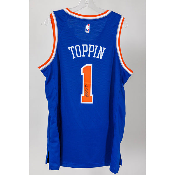 #1 Obi Toppin Package - Autographed Player-Worn Playoffs Warm-Up Shirt & Autographed Jersey In Blue - Autographed Back View