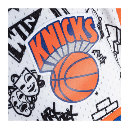 Mitchell & Ness Knicks Doodle Swingman Shorts In White - Zoom View On Left Leg Logo Graphic