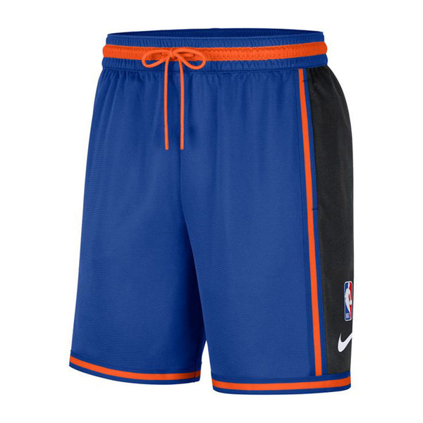 Nike Knicks Dri-Fit Pregame Shorts In Blue, Orange & Black - Front View
