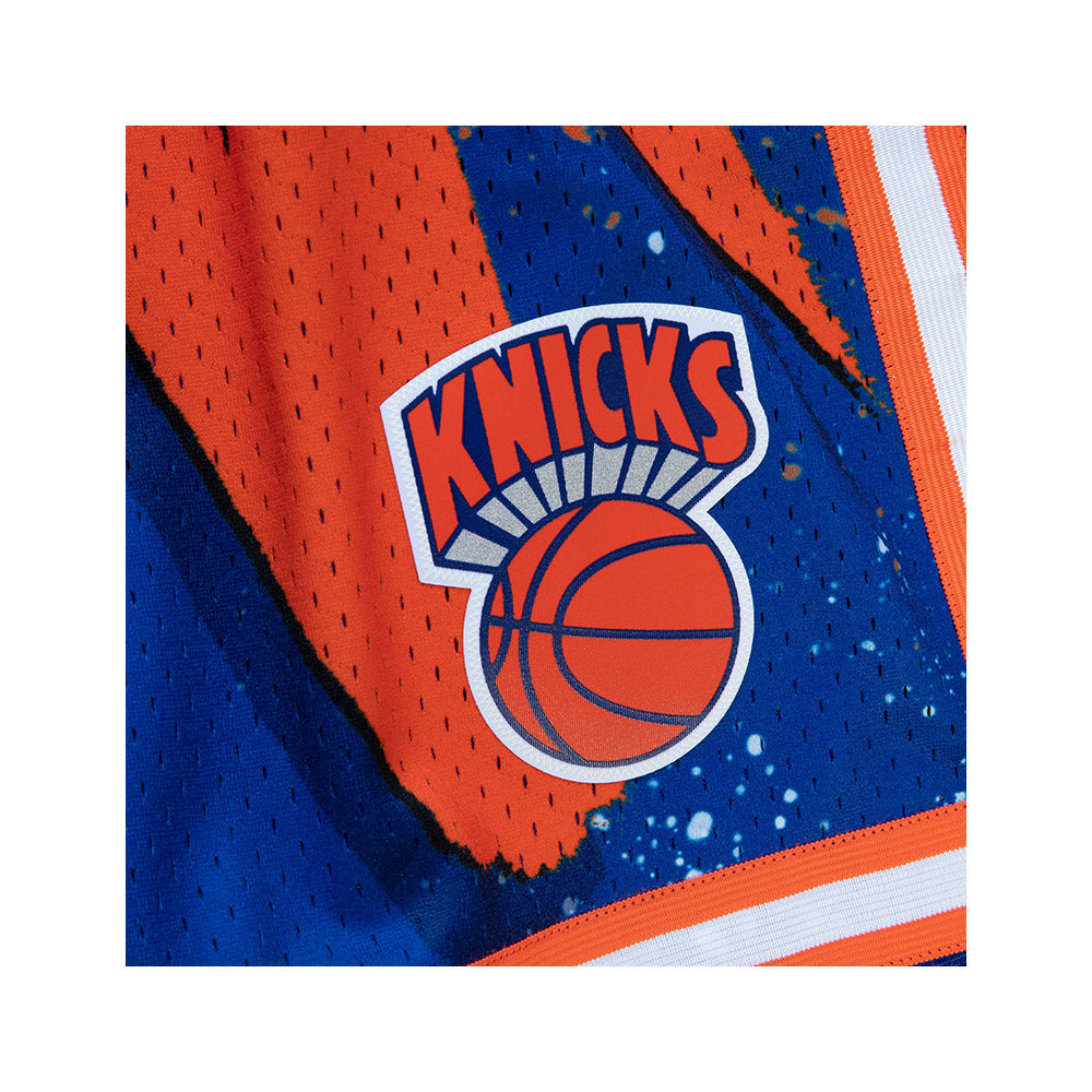 Mitchell & Ness Knicks Hyper Hoops Swingman Short In Blue, Orange & White - Zoom View On Left Leg Graphic