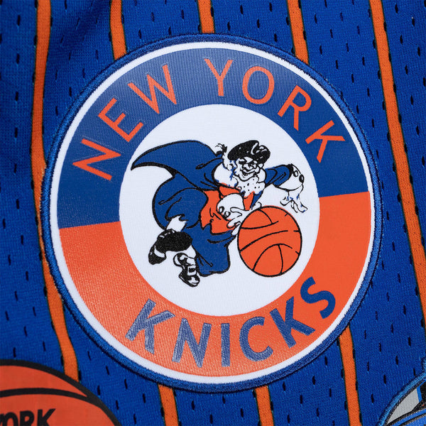 Mitchell & Ness Knicks City Collection Mesh Shorts In Blue & Orange - Zoom View On Right Leg Retro Logo