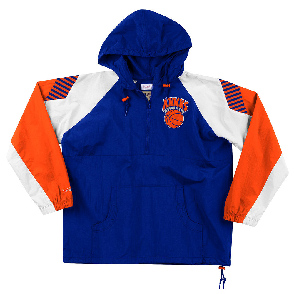 Mitchell & Ness Knicks 1/2 Zip Anorak Jacket in Blue, Orange, and White - Front View