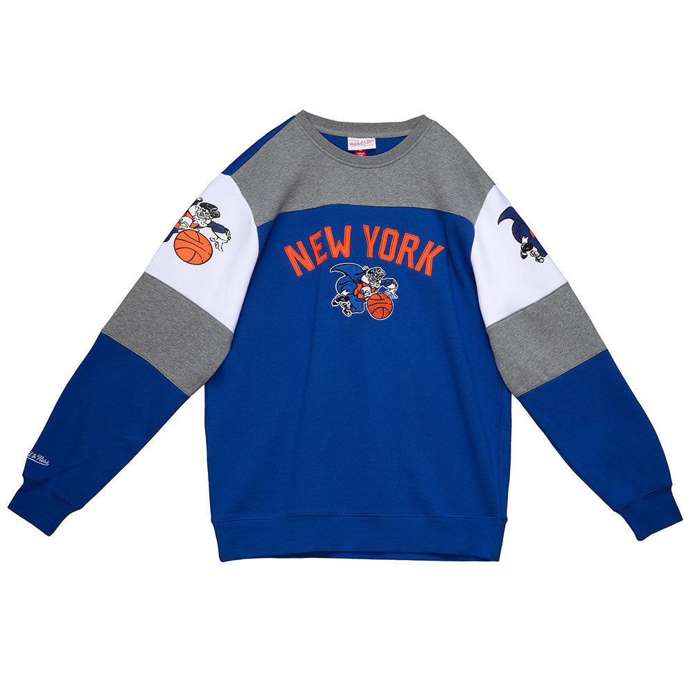 Knicks Mitchell & Ness Overtime Fleece Crew in Blue and Grey - Front View