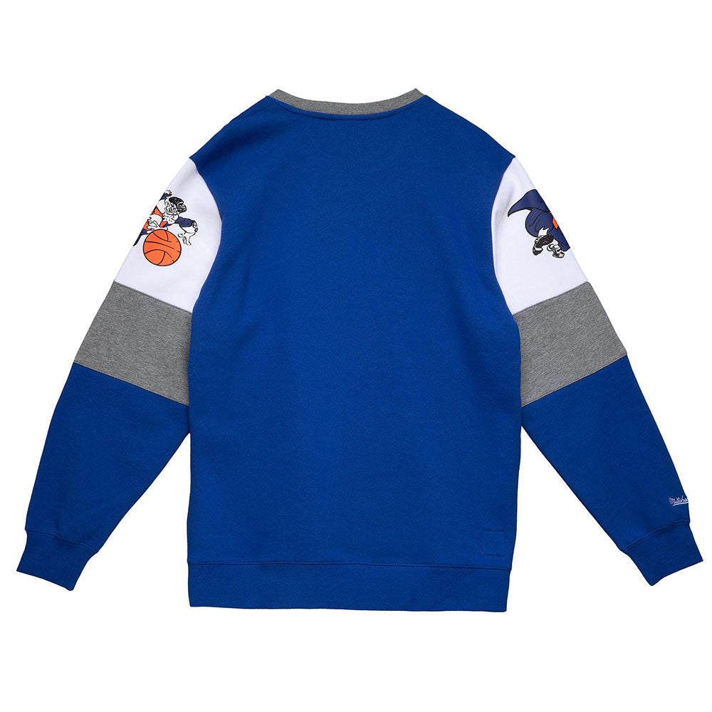 Knicks Mitchell & Ness Overtime Fleece Crew in Blue and Grey - Back View