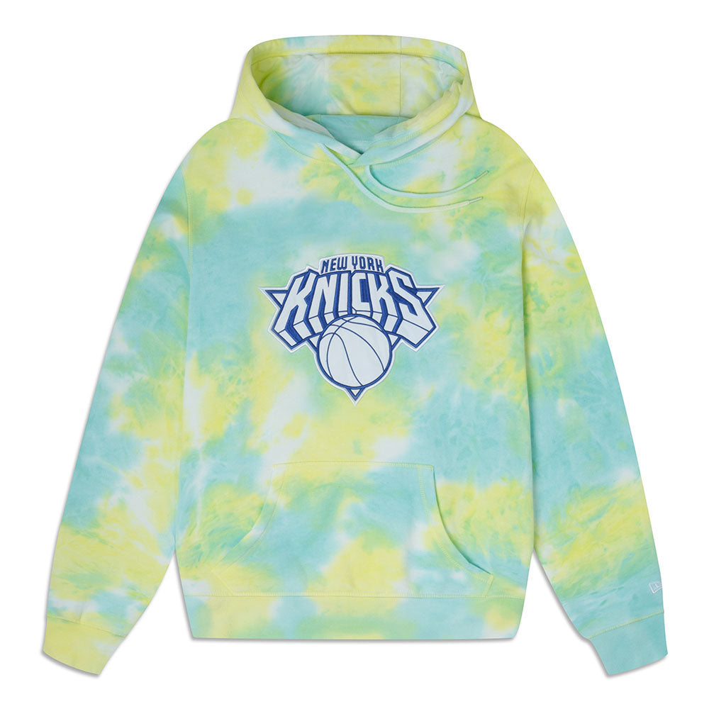 New Era Knicks Ice Tie Dye Logo Hoodie in Blue and Yellow - Front View