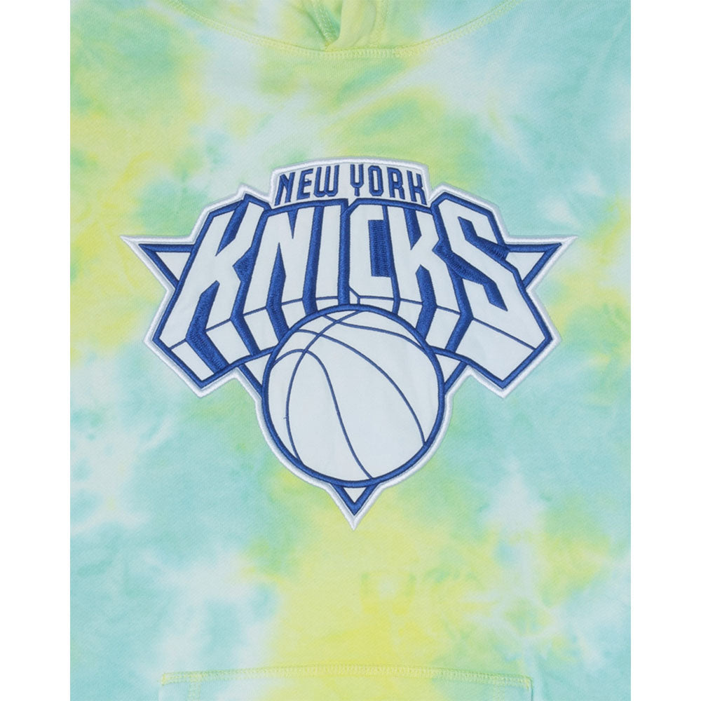 New Era Knicks Ice Tie Dye Logo Hoodie in Blue and Yellow - Logo Close Up