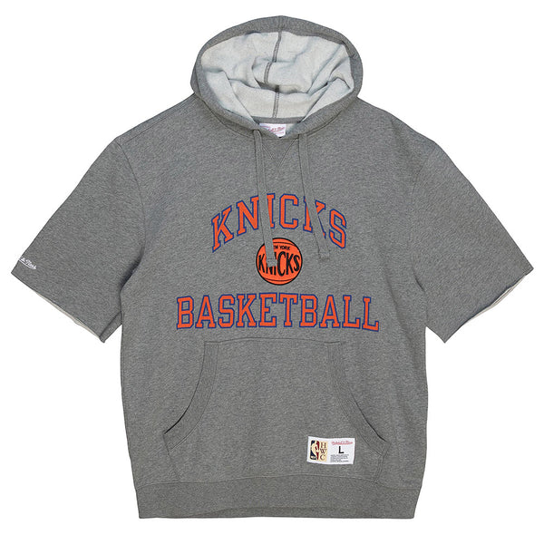 Mitchell & Ness Knicks Short Sleeve Fleece Hood In Grey & Orange - Front View