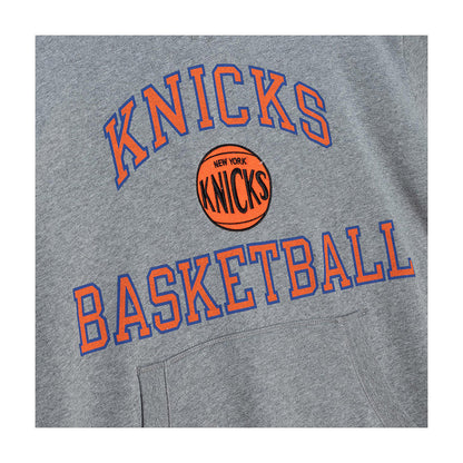 Mitchell & Ness Knicks Short Sleeve Fleece Hood In Grey & Orange - Zoom View On Front Graphic