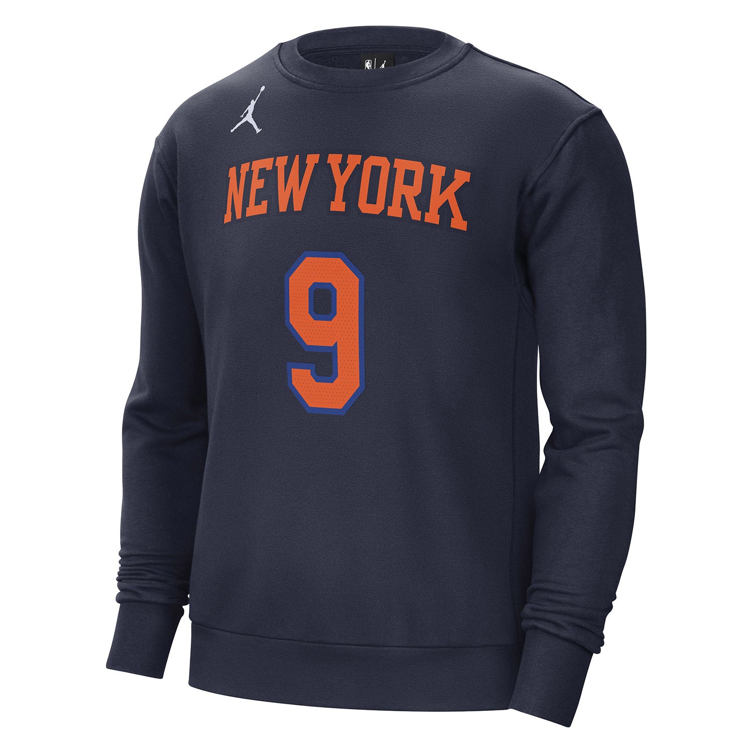 NIke Knicks 22-23 Statement Barrett Name & Number Crew In Blue & Orange - Front View