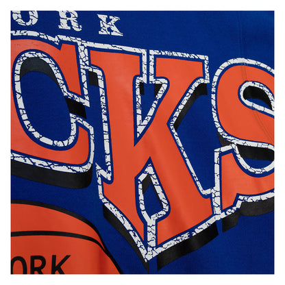 Mitchell & Ness Knicks Fashion Fleece Crew Sweater In Blue & Orange - Zoom View On Front Top Graphic