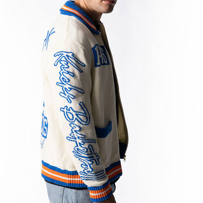 Wild Collective Knicks Jacquard Sweater In Cream, Blue & Orange - Right Side View On Model