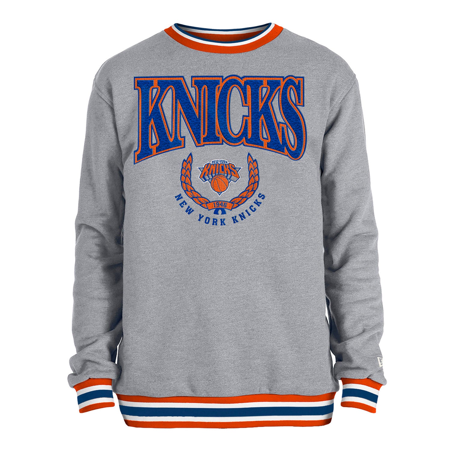 New Era Knicks Retro Ribbed Crewneck Fleece In Grey, Blue & Orange - Front View