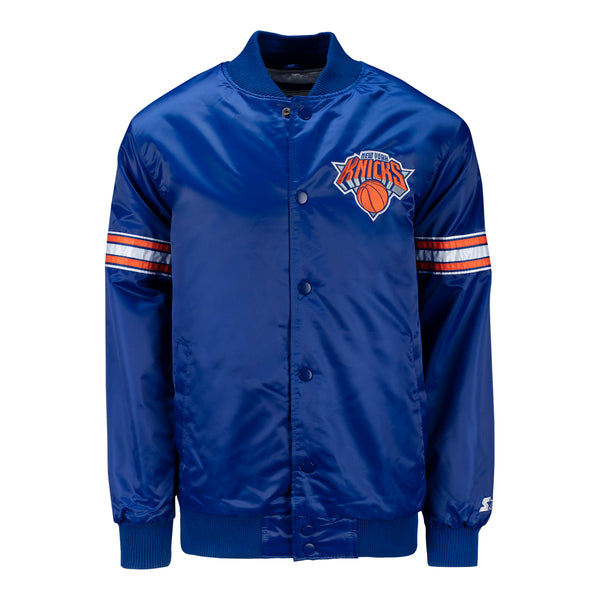 GIII Starter Knicks Royal Satin Snap Jacket In Blue - Front View
