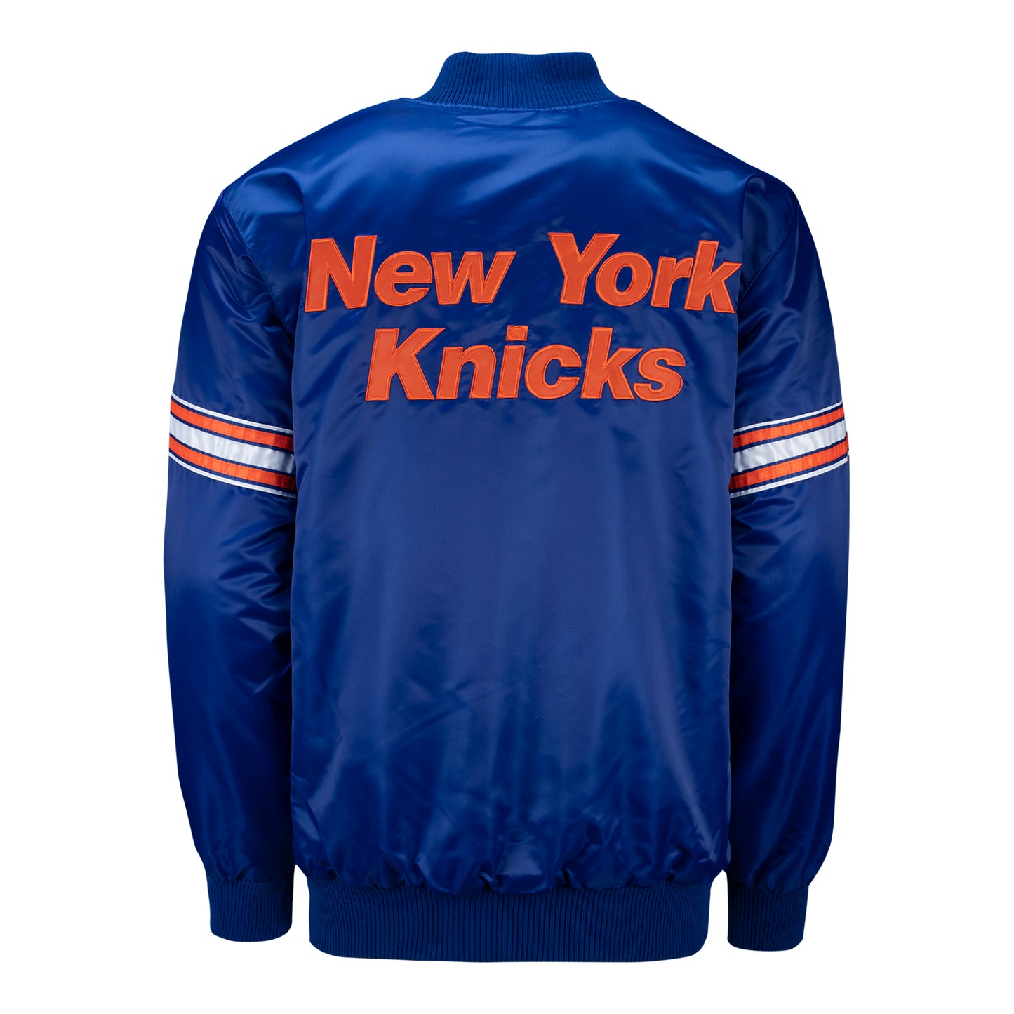 GIII Starter Knicks Royal Satin Snap Jacket In Blue - Back View