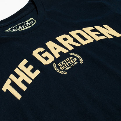 Knicks x Extra Butter x Mitchell & Ness Garden Arc Tee in Black - Text Close Up