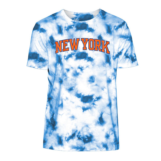 New Era Knicks Wordmark Tie Dye Tee in Blue - Front View