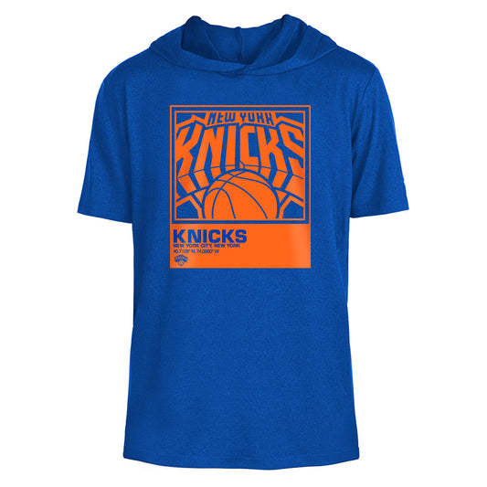 New Era Knicks Heathered Short Sleeve Hooded T-Shirt in Blue and Orange - Front View