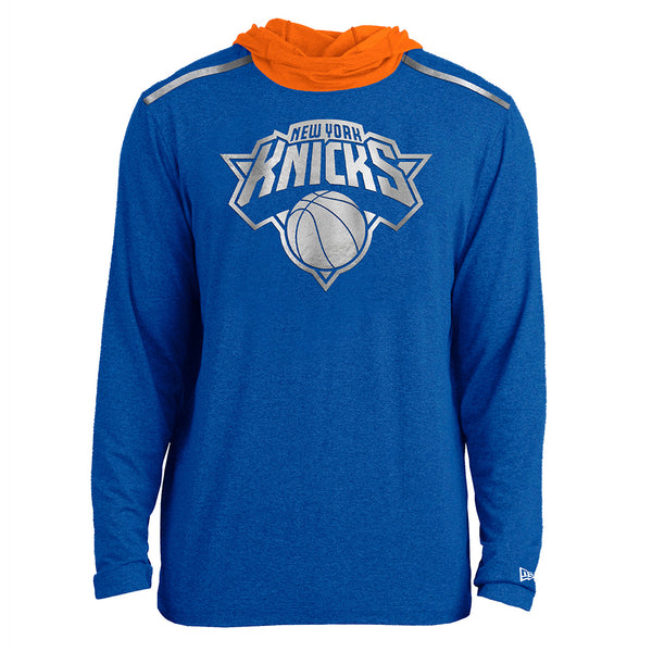 New Era Knicks Heather Long Sleeve Hooded T-Shirt in Blue - Front View