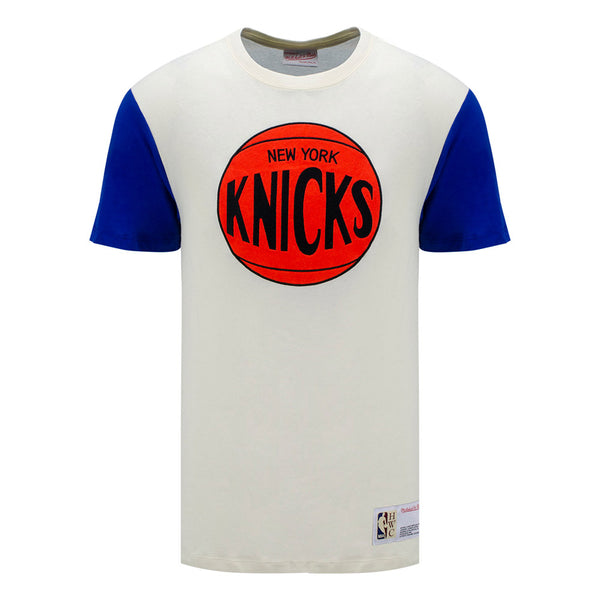 Mitchell & Ness Knicks Color Blocked Tee In Tan, Blue & Orange - Front View
