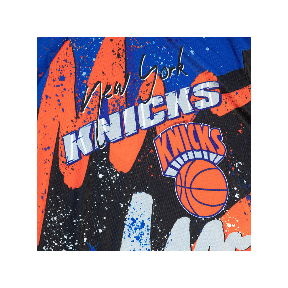 Mitchell & Ness Knicks Hyper Hoops Moto Longsleeve Tee In Black, Blue & Orange - Zoom View On Front Graphic