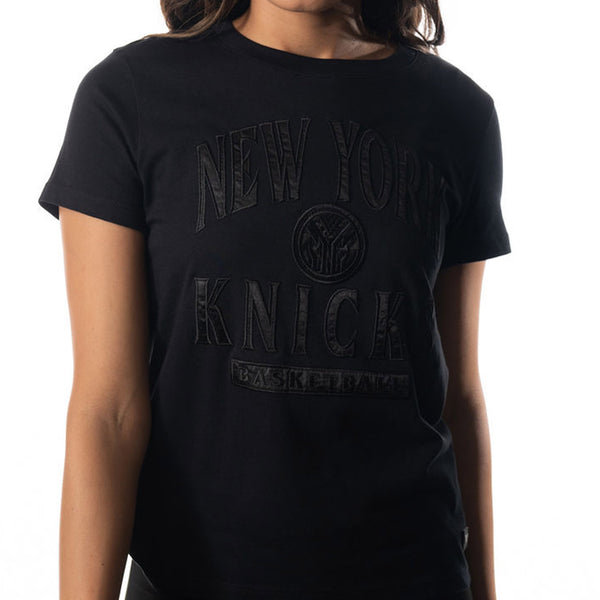Wild Collective Knicks Satin Applique Tee In Black - Front View On Model