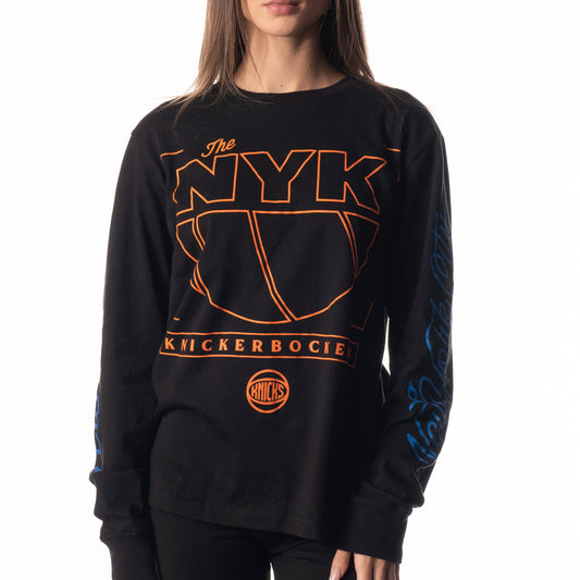 Wild Collective Knicks Long Sleeve Tee In Black, Orange & Blue - Front View On Model