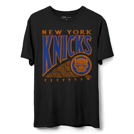 Junk Food Knicks Black Panther Pattern Tee In Black, Orange & Blue - Front View