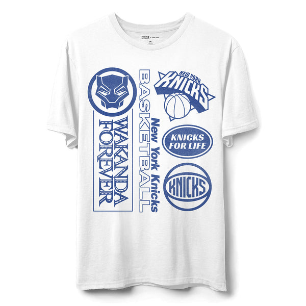 Junk Food Knicks Black Panther Sticker Tee In White & Blue - Front View