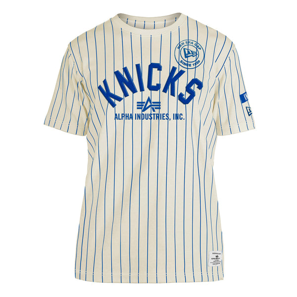 New Era Knicks Alpha Collection Tee In Cream & Blue - Front View