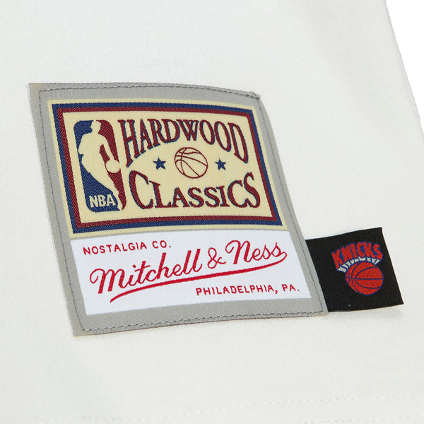 Mitchell & Ness Knicks Cream T-Shirt - In Cream - Up Close View Mitchell And Ness Logo