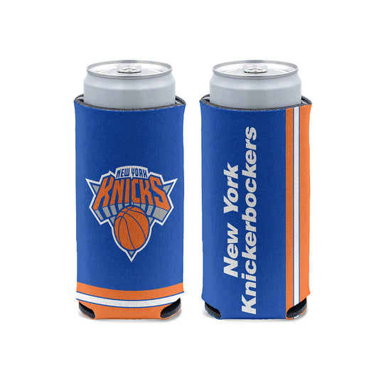 New York Knicks 12 oz Blue Slim Can Cooler Holder in Blue and Orange - Front and Back View