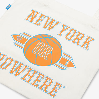 NYON X Knicks "Swish" Tote In Cream & Orange - Zoom View On Front Graphic