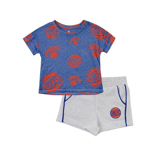 Toddler Knicks Chase Your Goals Top & Short Set in Blue, Orange and Grey - Shirt and Shorts Front Views